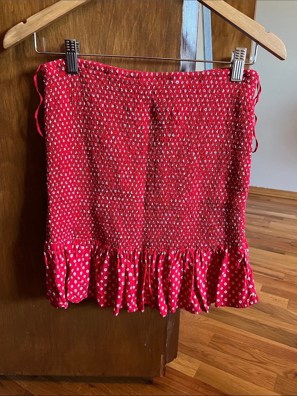 Japna Red Smocked Mini Skirt with Ruffle Hem